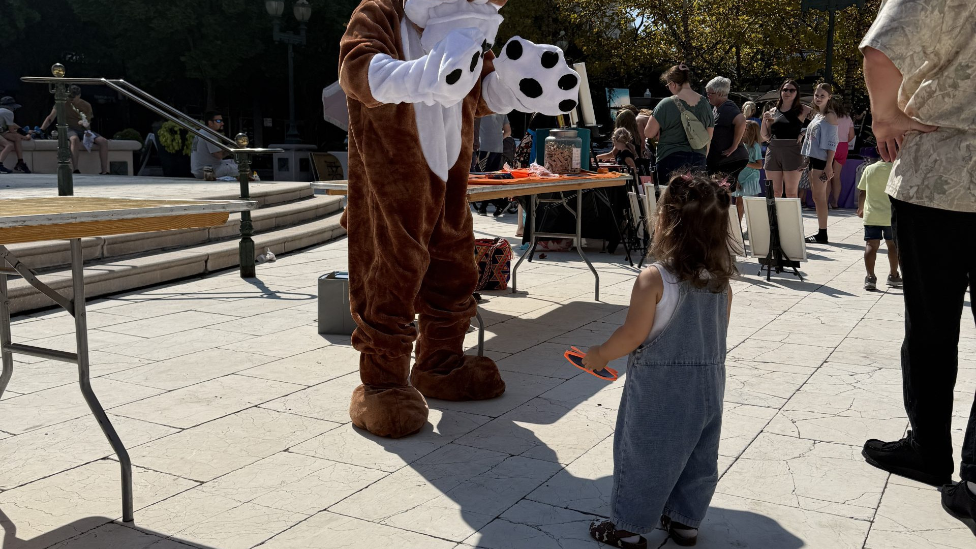 town center of virginia beach fal festival character mascot interacting with child on the fountain plaza
