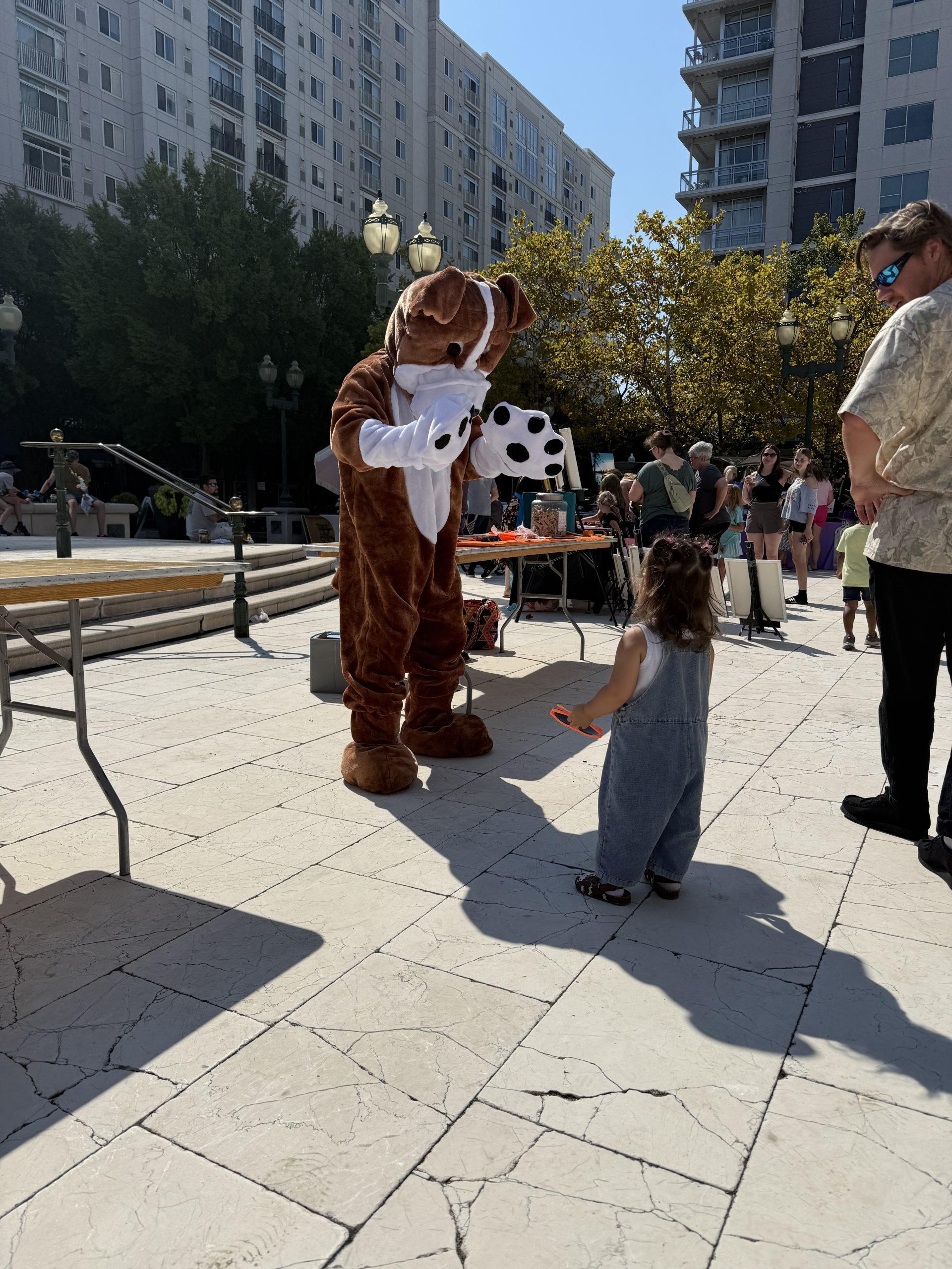 town center of virginia beach fal festival character mascot interacting with child on the fountain plaza